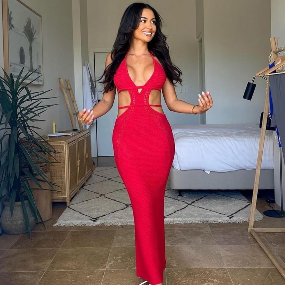 Red cutout crochet dress